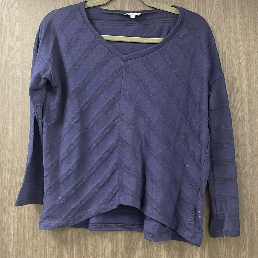 Splendid Women's Size Medium Blue Sheer Knit Blouse 3/4 Sleeve VNeck